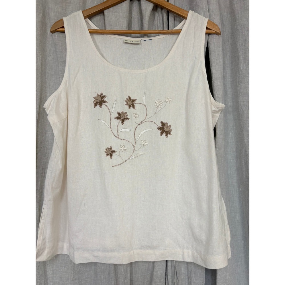 White Stag Womens White Linen Blend Floral Embroidered Sleeveless Tank Top